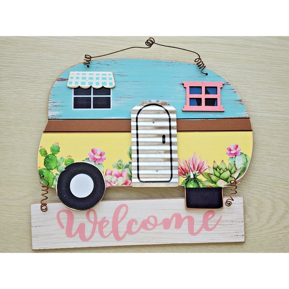 Hanging Sign-"Welcome"-Home on Wheels-Wood and Metal-Unique-Hanging - Picture 2 of 6